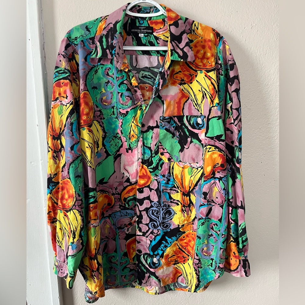 Marciano Multicolor Abstract Floral-Print Long Sleeve Button-Down Shirt